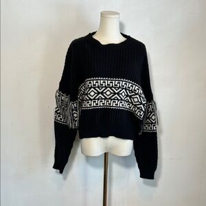 Dreamers‎ Sweater Black White Aztec Western Fringe Cropped Knit Size Small